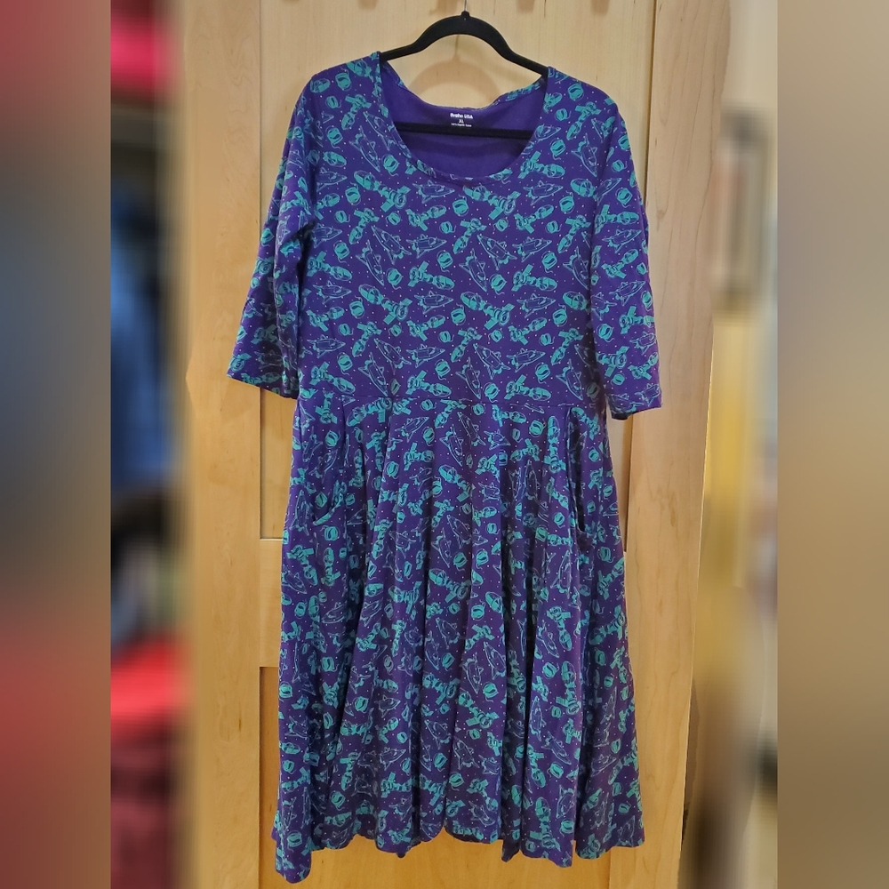 Svaha Spaceraft Twirl Dress 3/4 Sleeve Purple Green XL